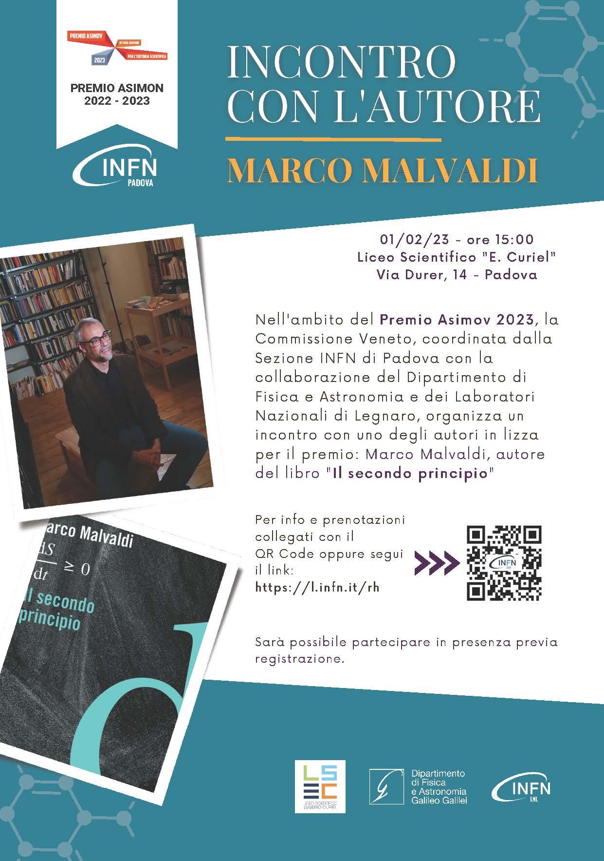 Locandina Incontro con l'Autore Marco Malvaldi finalista Premio Asimov 2023